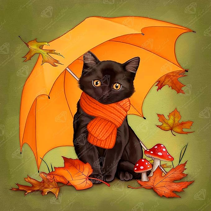 DIAMOND ART CLUB Under My Umbrella - Black Kitty Diamond Painting Kit, Fun DIY Crafts for Adults, Round Diamond Art Canvas, 13" x 13"