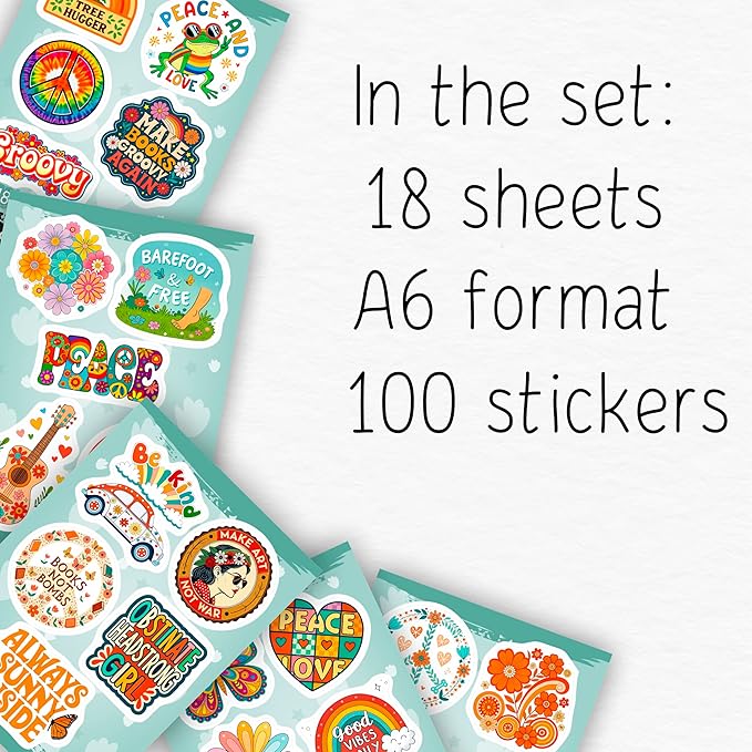 100Pcs Hippie Stickers for Phones, Water Bottles, Groovy Stickers Bulk for Laptop, for Water Bottle - Hippie Gifts, Party Supplies & Decoration - Gift for Women & Men