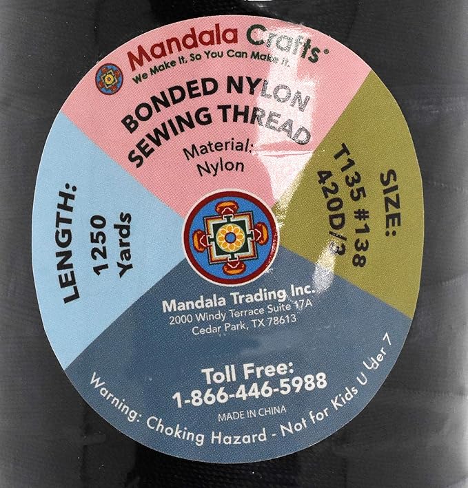 Mandala Crafts Size 138 420D T135 Bonded Nylon Thread - Black 1250 YDs Tex 135 Heavy Duty Sewing Threads for Leather, Jeans, Weaving, Outdoor Marine Upholstery