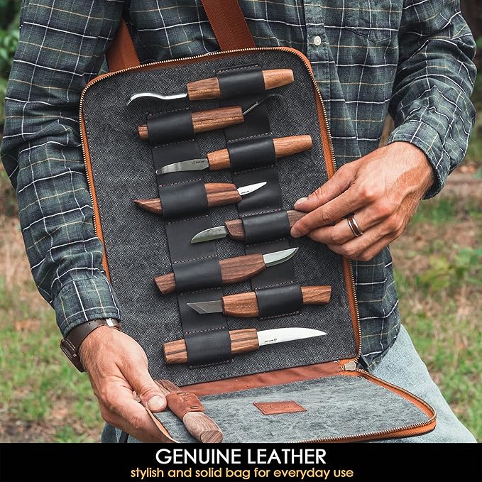 BeaverCraft Deluxe Wood Carving Kit S50X - Wood Carving Tools Wood Carving Set - Spoon Wood Carving Knives Tools Set - Whittling Kit Knife Woodworking Kit for Beginner and Profi (Brown)