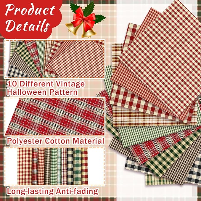 Hahafelt 10 Pcs Red and Green Buffalo Check Quilting Fabric Bundles 20 x 20 Inch Primitive Fat Quarters by The Yard Square Gingham Fabric Scraps Sewing Precut Patchwork for Vintage DIY Craft Decor