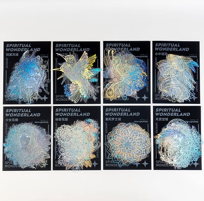 ARTSMONA 80 Pieces Large Size Holographic Stickers, Glitter Shiny Iridescent Transparent Resin Sticker Decals for Scrapbook Junk Journal Bullet Journals Planners Laptops Water Bottles Paper Crafts