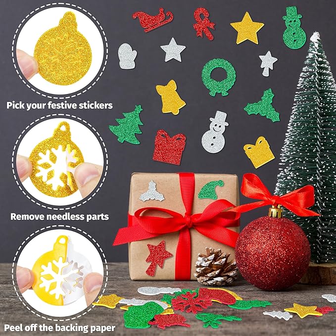 300 Pcs Christmas Foam Stickers Bulk, Self-Adhesive Christmas Stickers DIY Craft, Glitter Santa Claus Snowman Snowflake Pattern, Xmas Party Favors Winter Holiday Decorations