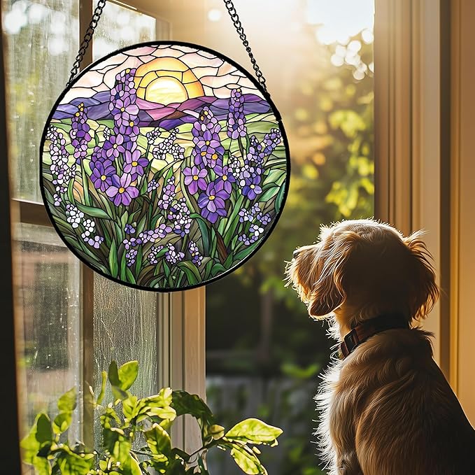 Stained Glass Window Hanging - Purple Lavender Suncatcher for Door Terrace Garden Home Decor Plant Flowers Landscape Sun Catcher Birthday Gifts for Lovers Women Men Dad Mom Nana 9.8 in