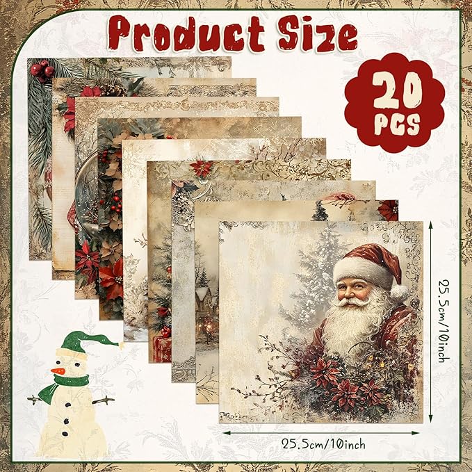 20 Pcs 10''x10'' Vintage Red Christmas Quilting Fabric Square Bundle Snowman Precuts Quiltted Fabric Santa Nutcracker Printed Patchwork Supplies for Winter Xmas Patchwork DIY Sewing Craft