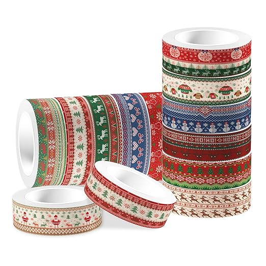 12 Rolls of Christmas Theme Washi Tape, Xmas Ugly Sweater Decorative Masking Tape for Note Taking Supplies, Scrapbooking, DIY Crafts, Gift Wrap Supplies