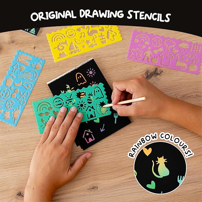BONNYCO Rainbow Scratch Art for Kids 16 Sets with Notebook, Stencil and Wooden Stylus. Party Favors, Goodie Bags Stuffers for Kids, Classroom Prizes. End of Year Gifts Ages 3 to 12
