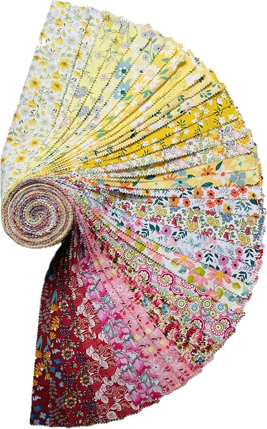 LUMANSUO Jelly Roll Fabric - 20 Assorted Floral Prints, 100% Cotton, 40 Pre-Cut Strips (2.5 x 44 Inch) Fabric for Quilting and Sewing， Bright Sunshine