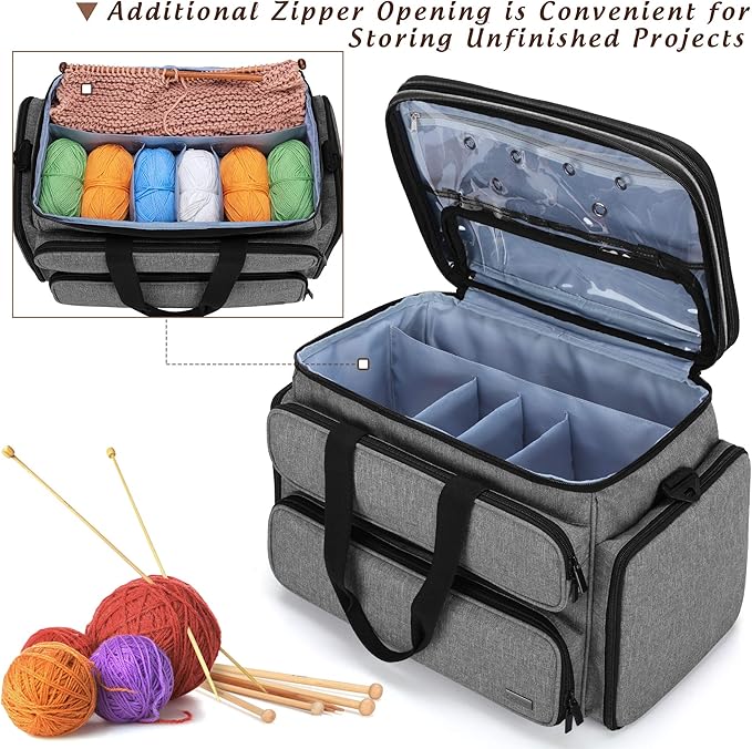 Yarwo Knitting Yarn Bag, Portable Crochet Storage Tote with Double Top Cover and Yarn Holes for Knitting Needles(Up to 14”), Unfinished Projects and Skeins of Yarn, Gray