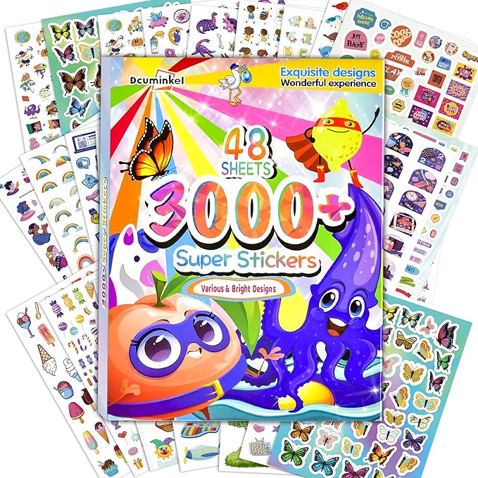 Stickers for Kids, Dcuminkel 3000+ Cute Stickers, 48 Sheets Super Colorful Stickers for Kids, Students, Teachers, Adults, Teens.Great Gift forTeens’s Birthday, Christmas Halloween or Holiday.