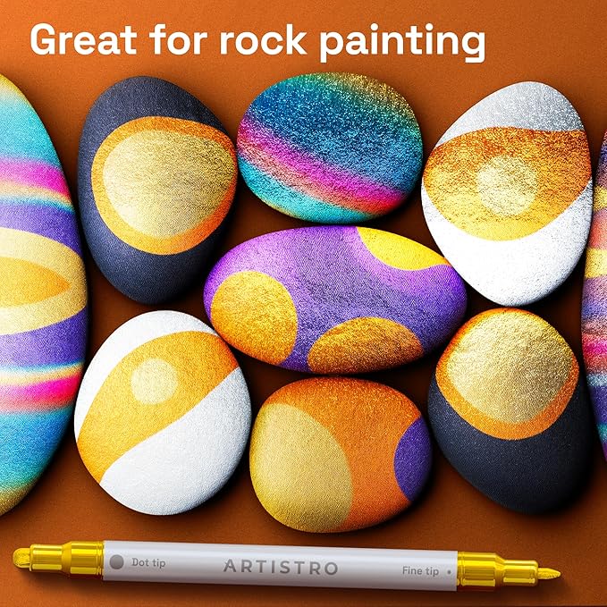 ARTISTRO 5 Gold Acrylic Paint Markers for Rock, Fabric, Wood, Glass, Craft, Decoration - Dual-Tip Paint Pens - Stocking Stuffers, Christmas Gift Idea for Teens, Grandkids, Kids - Art Supplies