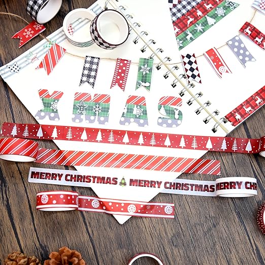 Christmas Washi Tape Set,12 Rolls Red Black Green Plaids Holiday Decorative Tape Xmas Tree Snowflake Elk Masking Tape for Journaling Supplies,Journal, Scrapbooking, Arts & Crafts,Gift Wrapping