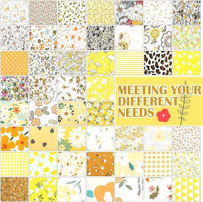 Kinlop 600 Pcs 4 x 4 Inch Cotton Fabric Square Precut Quilting Squares Printed Floral Patchwork Fabric Bundles for DIY Craft Sewing Clothing Accessory(Yellow)