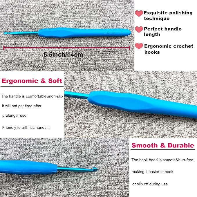 Hobekoee 0.75mm Lace Crochet Hook Ergonomic Handle for Arthritic Hands Soft & Smooth Knitting Needles for Beginners and Crocheting Yarn