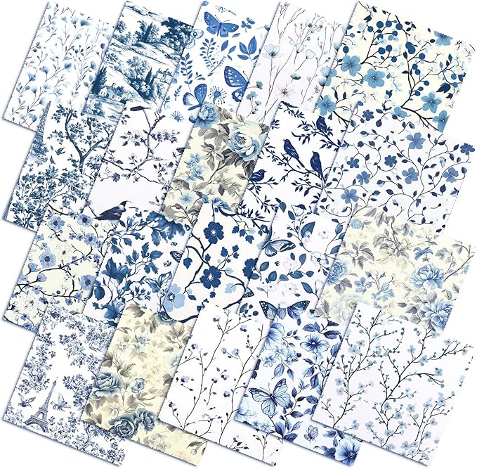 HunnmingRe 20 Pcs 10''x10'' Blue and White Floral Quilting Fabric Square Bundle Chinoiserie Precut Quiltted Fabric Floral Printed Patchwork Supplies for Handmade Patchwork DIY Sewing Material Craft