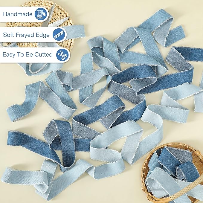 Pretty Jolly Blue Denim Ribbon for Crafts Handmade Rustic Frayed Cotton Jean Fabric Ribbon for Flower Bouquet 15 Yards 1 1/2 Inch Cloth Ribbons for Gift Wrapping Hair Sewing Accessories Holiday Decor