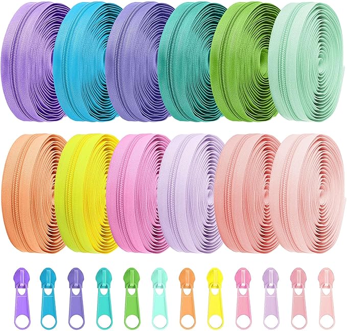 Syhood 36 Yards 12 Pieces #5 Sewing Zippers Tapes Assorted Nylon Lightweight with 120 Plastic Zipper Sliders for Women Men Sewing Supplies(Dopamine Color)