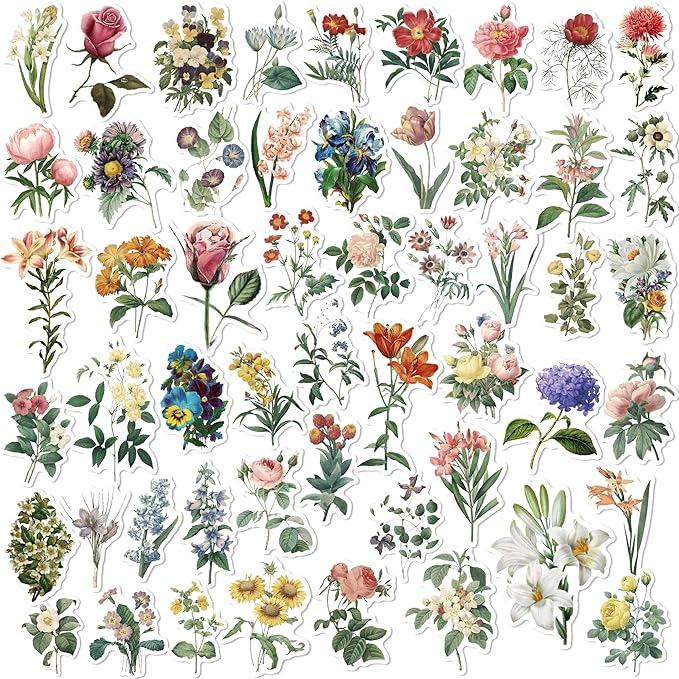 53-Piece Vintage Floral Washi Stickers – Retro Watercolor Aesthetic Botanical Flower Scrapbooking Stickers for Journals, Card Making, Decorative Art Crafts Projects
