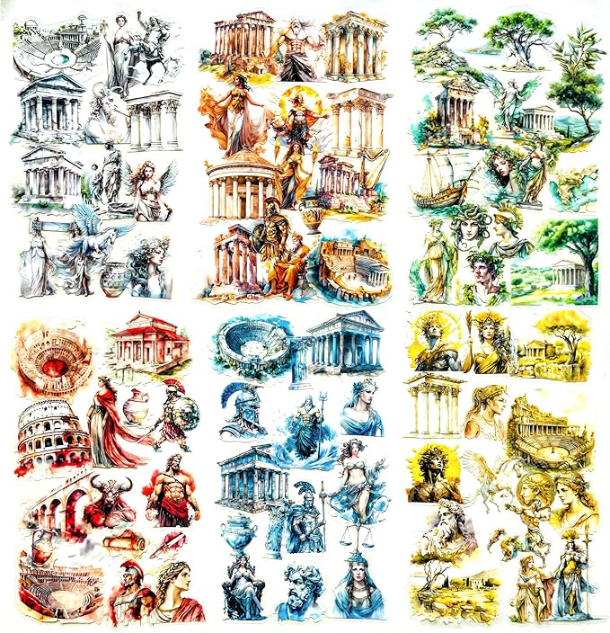90 PCS Greek Mythology Scrapbook Stickers – Vintage Clear Aesthetic Sticker with Gods, Temples, Statues, Creatures, Ancient Ruins – Greek History Stickers for Journaling, Art Crafts Projects