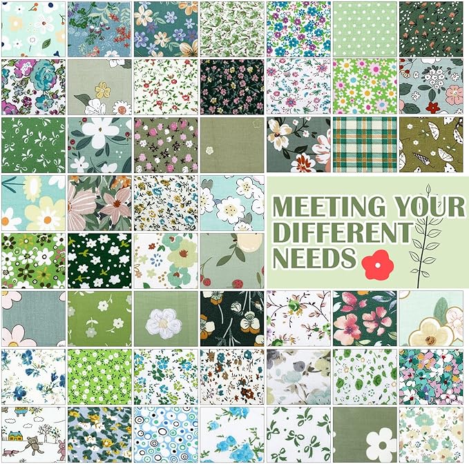 Kinlop 600 Pcs 5 x 5 Inch Floral Charm Packs for Quilting Green Flower Cotton Fabric Square Bulk Precut Fabric Squares Strips Printed Green Floral Patchwork for DIY Craft Sewing Accessory