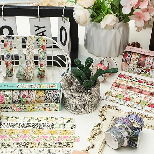 10 Rolls Blooming Flowers Washi Tape Set Floral Arts Adhesive Tapes Colorful Garden Decorative Masking Tape Sets for Craft, Kids, Scrapbook, DIY, Gift Wrapping (1-Pinky)