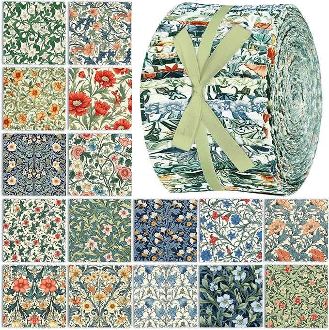 Ganeen 100 Pcs Vintage William Morris Flowers Quilting Fabric Roll 2. 56 Inch Fabric Squares Jelly Patchwork Precut Strips Bundles for Holiday Materials Craft DIY Sewing Cloths