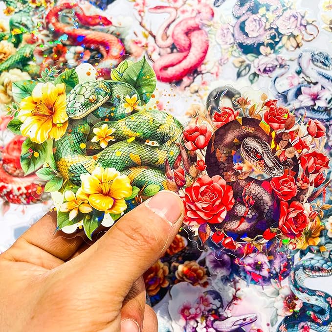 30-Pack Large Holographic Floral Snake Reptile Clear Scrapbook Stickers – Vibrant Serpent Decals with Flowers for Journals, Laptops, Water Bottles, Resin Art Projects