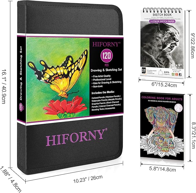 HIFORNY 120 PCS Drawing Set Sketching Kit, Art Supplies with 3-Color Sketchbook,Coloring Book,Rainbow,Colored,Watercolor,Metallic,Graphite,Black & Colored Charcoal Pencils,Blending Tools and More