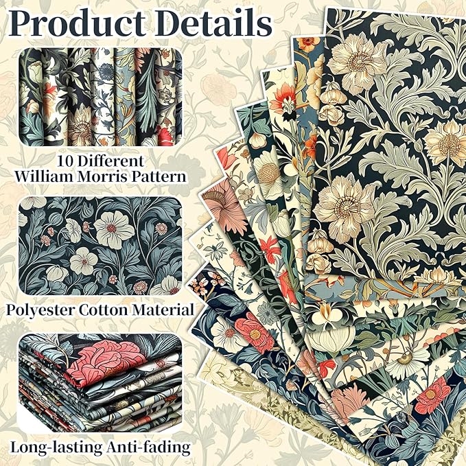 Hahafelt 10 Pcs 20''x20'' William Morris Flowers Quilting Fabric Bundles Vintage Floral Fat Quarters by The Yard Flower Fabrics Precut Quilted Patchwork for Spring Sewing DIY Craft Decor