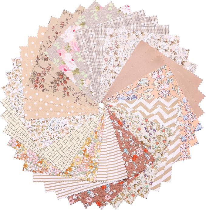 Hanjunzhao 42Pcs 10" Layer Cake Fabric - Vintage Brown Print Cotton Fabric Squares 10x10, Layer Cakes 10 inch Squares for Quilting, Sewing, Quilts, Bags, and Crafts - Light Coffee