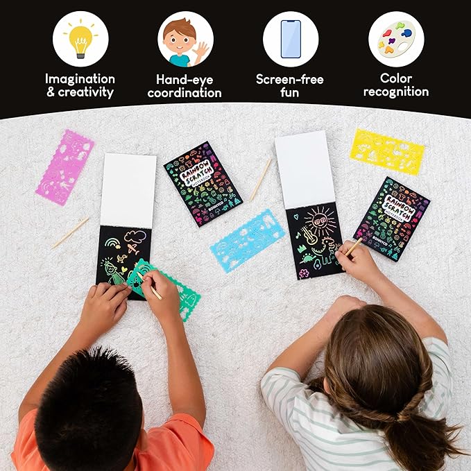 BONNYCO Rainbow Scratch Art for Kids 16 Sets with Notebook, Stencil and Wooden Stylus. Party Favors, Goodie Bags Stuffers for Kids, Classroom Prizes. End of Year Gifts Ages 3 to 12