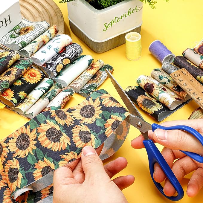 Ganeen 100 Pcs Sunflower Quilting Fabric Roll 2. 56 Inch Fabric Squares Jelly Patchwork Precut Strips Bundles for Holiday Materials Craft DIY Sewing Cloths