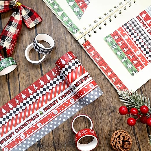 Christmas Washi Tape Set,12 Rolls Red Black Green Plaids Holiday Decorative Tape Xmas Tree Snowflake Elk Masking Tape for Journaling Supplies,Journal, Scrapbooking, Arts & Crafts,Gift Wrapping