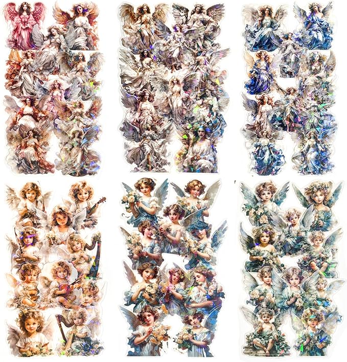60-Piece Vintage Holographic Cherub Angel Fairy Scrapbook Stickers – Waterproof Transparent Decorative Sticker Pack for Journals, Planners, DIY Crafts, Gifts & Albums, Scrapbooking & Cardmaking