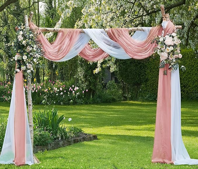 Warm Home Designs Wedding Arch Draping Fabric - 24 Ft Scarves in Dusty Rose & White for Wedding Decoration. AD White & Rose 288”
