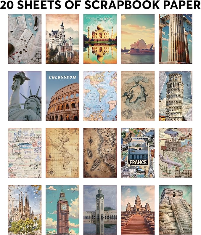 300+ Travel Stickers for Scrapbooking & 20 A5 Papers - Pre-Cut Washi Stickers for Journaling, Vintage Travel Scrapbooking Supplies, Junk Journals Stickers