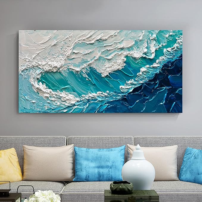 NANKAI 24x48 Inches Blue Thick Texture Abstract Oil Painting Hand-Painted Ocean Landscape Oil Painting Home Wall Art Deco