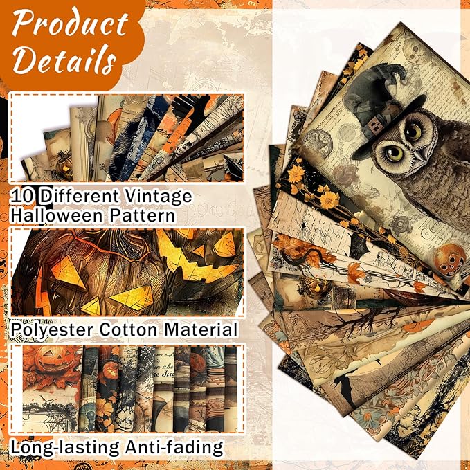 Hahafelt 10 Pcs 18 x 22 Inch Vintage Halloween Quilting Fabric Square Spooky Gothic Quilted Fabric Bundle Fat Quarters Pumpkin Skull Cat Owl Precut Patchwork Supplies for Holiday DIY Sewing Craft