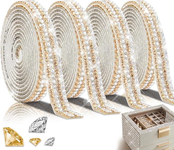 4 Rolls Rhinestone Tape Self Adhesive Crystal Ribbon Diamond Bling Strips with 2 mm Glitter Sticker for Arts Crafts Wedding Birthday Party DIY Event Car Phone Decoration (Silver+Gold)