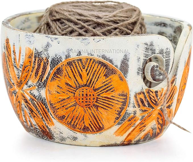 Nagina International Exquisite Premium Yarn Ball Storage Bowls | Hand Painted Lovely Decor Yet Functional Yarn Dispenser (Large (7 x 4 x 7 Inches), Almond Brown)