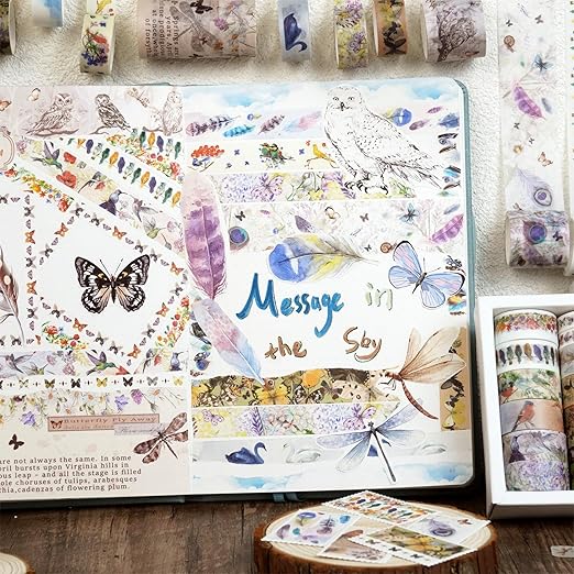 YUBBAEX Landscaping Washi Tape Pack 20 Rolls Insects Birds Printed Masking Tape Vintage Decorative for Arts, DIY Crafts, Journal Supplies, Planners, Scrapbook, Card/Gift Wrapping