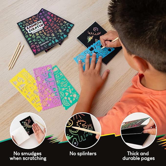 BONNYCO Rainbow Scratch Art for Kids 16 Sets with Notebook, Stencil and Wooden Stylus. Party Favors, Goodie Bags Stuffers for Kids, Classroom Prizes. End of Year Gifts Ages 3 to 12