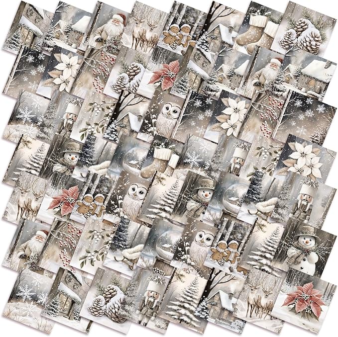 100 Pcs 5 x 5 Inch Beige Winter Quilting Fabric Neutral Christmas Fat Squares Patchwork Strips Snowman Nutcracker Reindeer Precut Fabric Bundles for Xmas Handmade DIY Craft Sewing Material