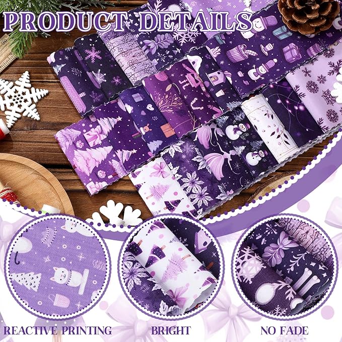 Fanfanwin 40 Pcs Purple Christmas Quilting Fabric Roll 2.56 Inch Precut Fabric Squares Jelly Patchwork Nutcracker Snowman Fairy Strips Materials for Winter Holiday Holiday Craft Sewing DIY