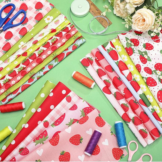 HunnmingRe 20 Pcs 10''x10'' Strawberry Quilting Fabric Square Summer Strawberry Quiltted Fabric Bundle Multicolor Precuts Printed Patchwork Supplies for Holiday DIY Sewing Craft