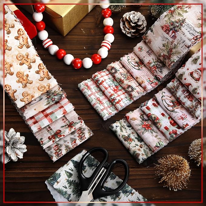 Ganeen 100 Pcs Vintage Christmas Quilting Fabric Roll 2.56 Inch Gingerbread Man Fabric Squares Jelly Patchwork Precut Strips Bundles for Holiday Materials Craft DIY Sewing Cloths