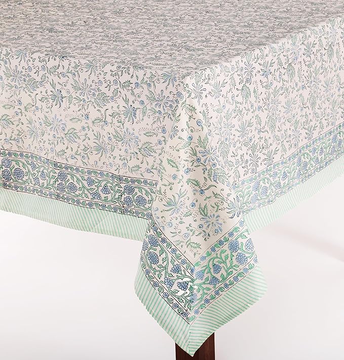 ATOSII Aster Blue 100% Cotton Rectangle Boho Fall Tablecloth, Handblock Floral Table Cloth Linen for Kitchen Dining I Parties Wedding Outdoors Christmas Thanksgiving I 72 X 120 Inches I 10 Seater