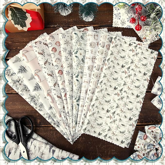 60 Pcs 10 x 10 Inch Boho Christmas Quilting Fabric Woodland Christmas Fat Squares Patchwork Precut Neutral Beige Fabric Bundles for Xmas Winter Quilting Crafting DIY Craft Sewing