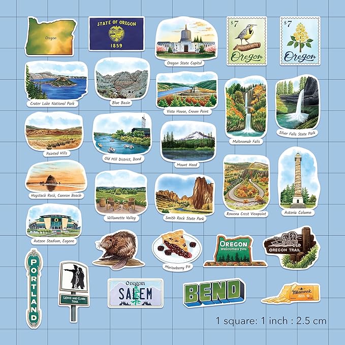 Navy Peony Outdoorsy Oregon State Travel Stickers (28pcs) - Portland, Nature, Outdoor, America-Themed Stickers for Scrapbooking, Journals
