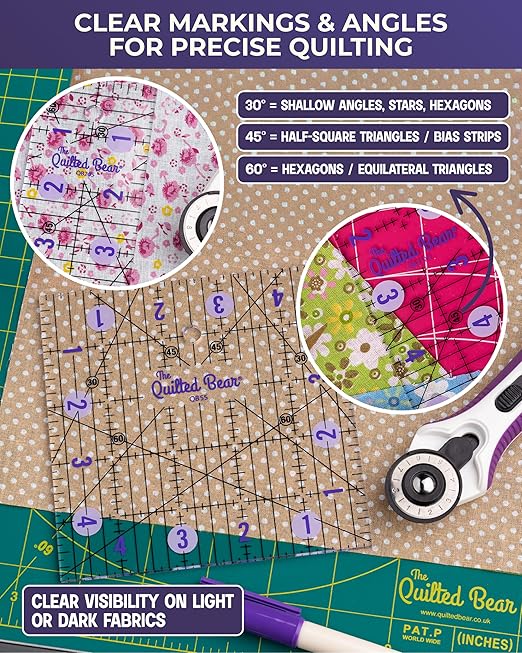 The Quilted Bear Quilting Rulers - Transparent Acrylic Non Slip Quilting, Patchwork & Sewing Ruler with Clear Black Lines & 30, 45 & 60 Degree Angles for Perfect Accuracy & Precision (8.5" x 24")